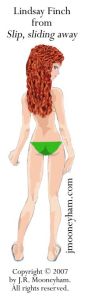 Thumbnail image of red-hot redhead teen beauty Lindsay Finch in a bikini, walking away.