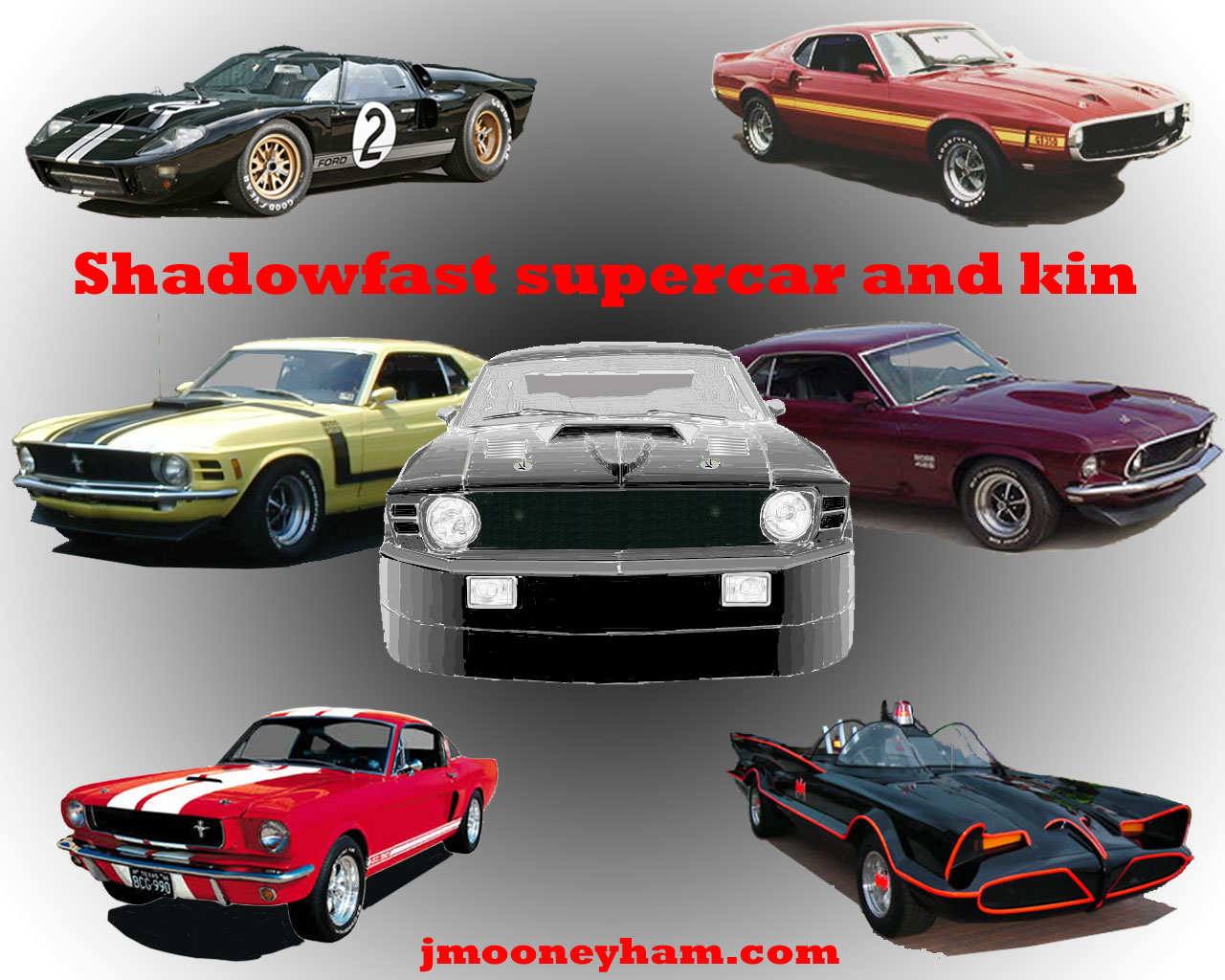 Free 1280x1024 jpeg desktop wallpaper (Poster of Shadowfast supercar, Batmobile, GT-40, Shelby and Boss Mustangs)